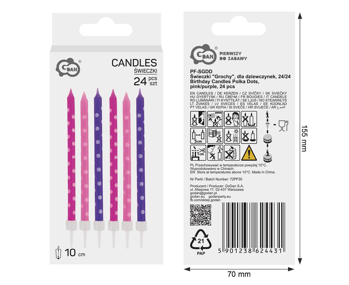 Birthday Candles Polka Dots, pink/purple, 10 cm, 24 pcs